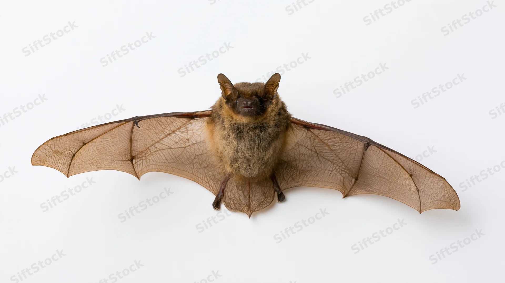 Small brown bat with wings fully extended isolated on white background