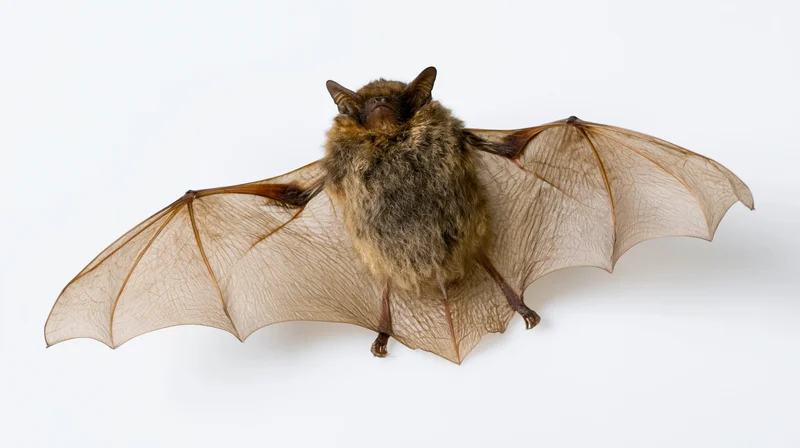 Small brown bat in mid-flight with wings fully extended isolated on white background