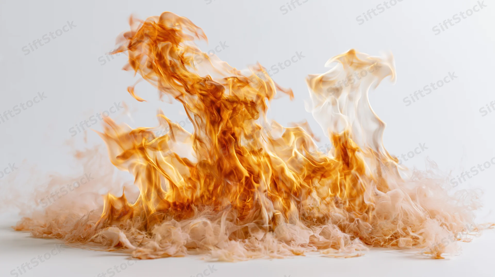 Flames rising and curling upward on a white surface