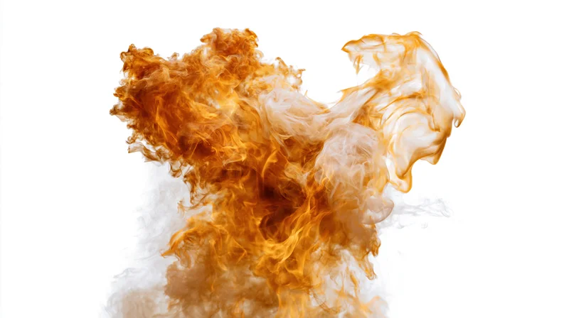 Rising orange flames and smoke curling upward against white background