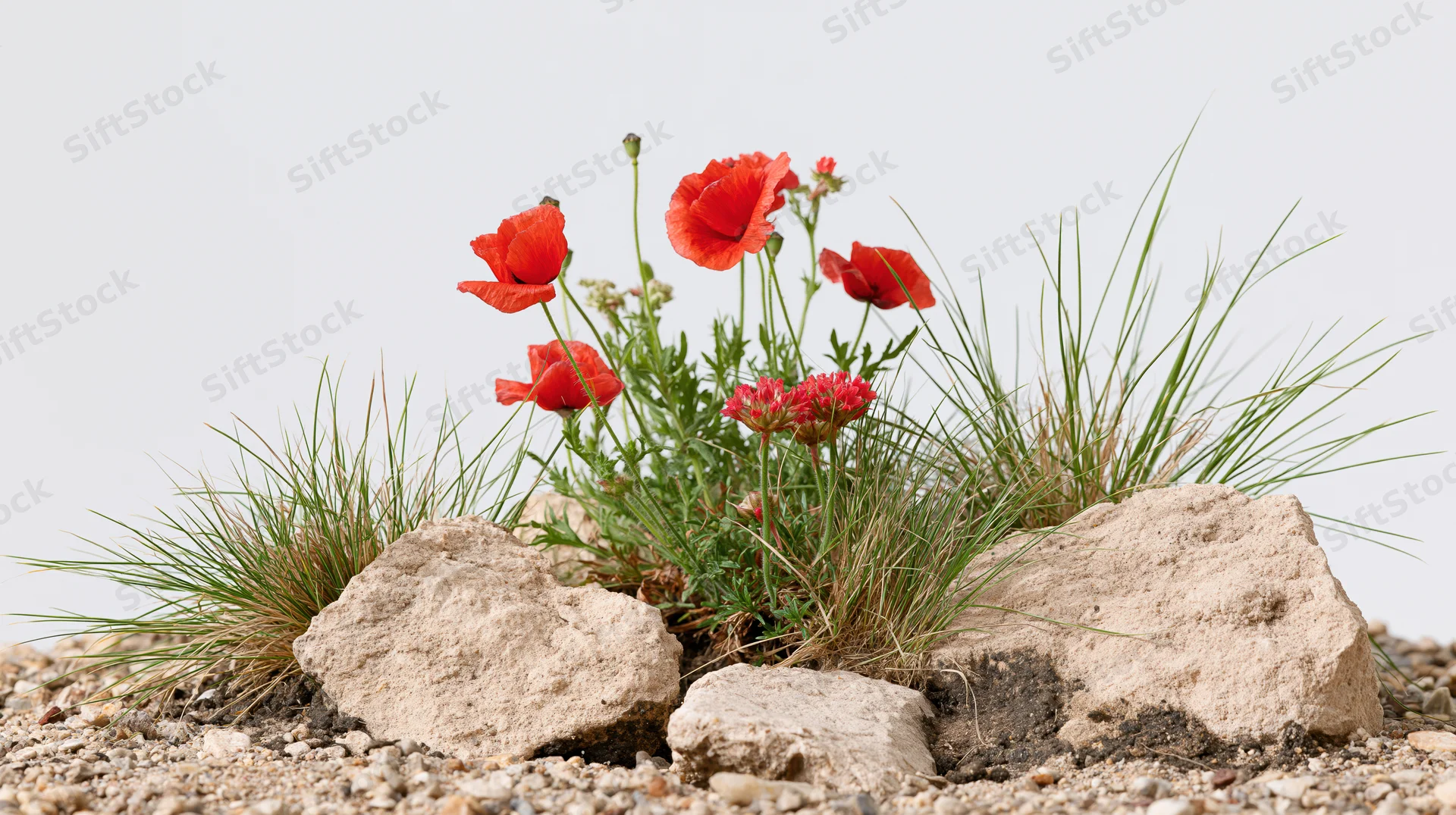 Red poppies and wild meadow flowers growing among rocks and grass on sandy ground