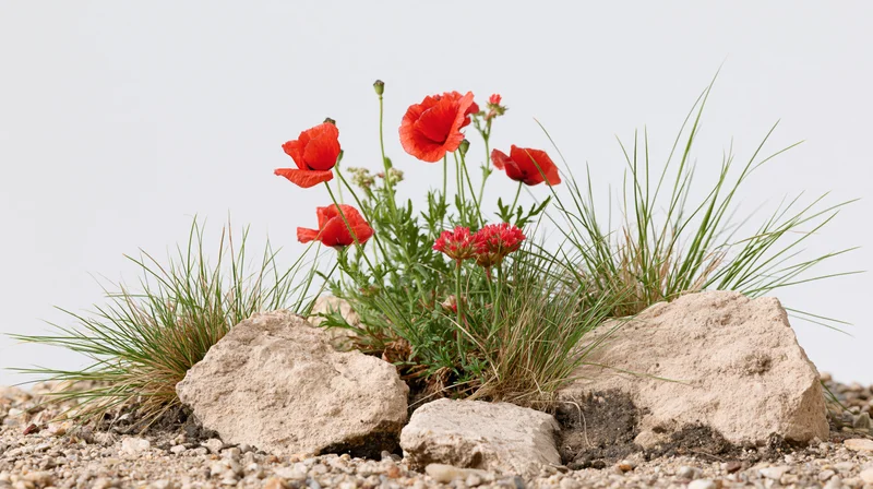 Red poppies and wild meadow flowers growing among rocks and grass on sandy ground