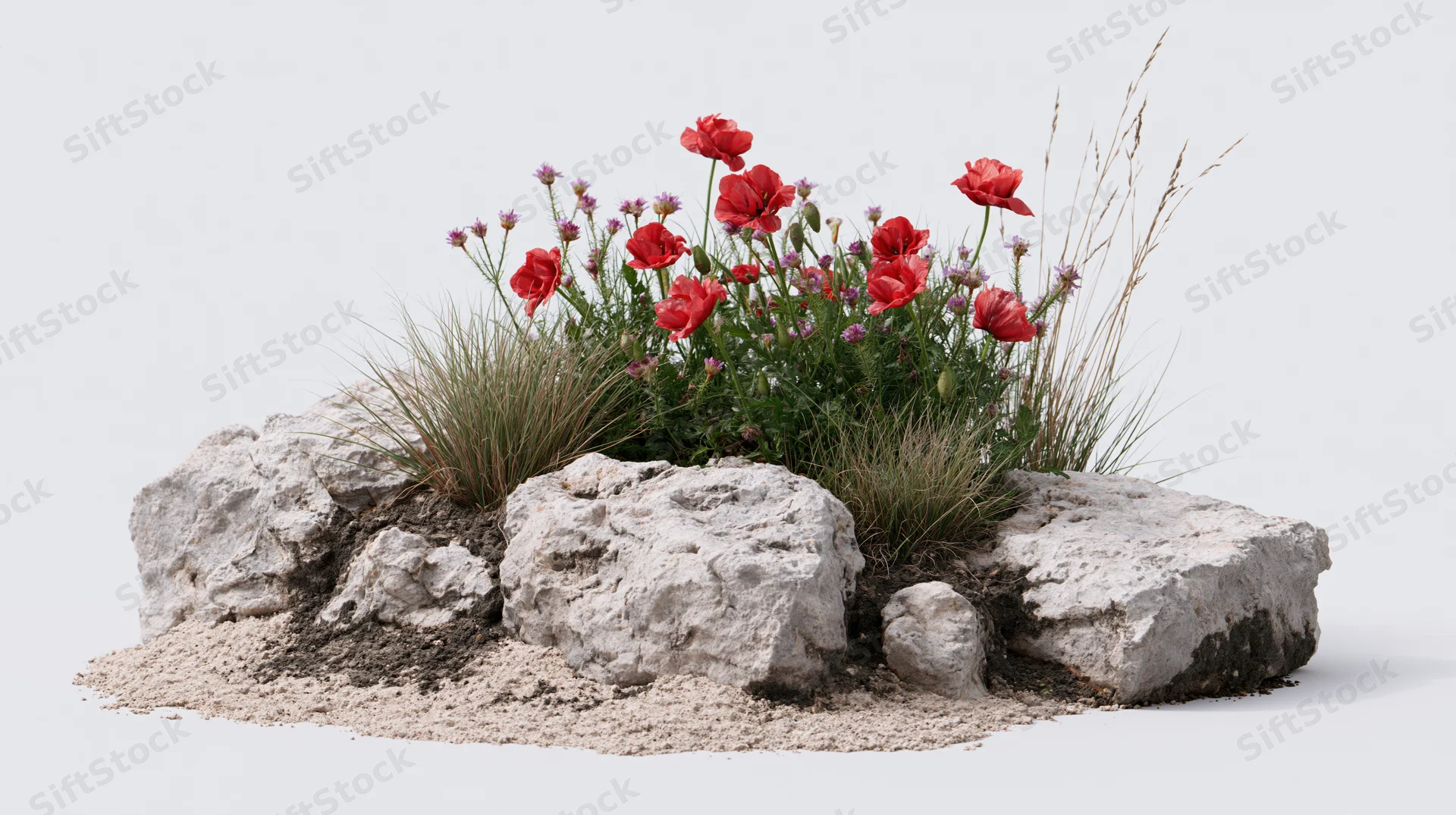 Small cluster of red poppies and wild meadow flowers growing among rocks and sand on white background