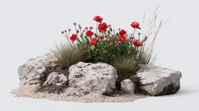 Small cluster of red poppies and wild meadow flowers growing among rocks and sand on white background
