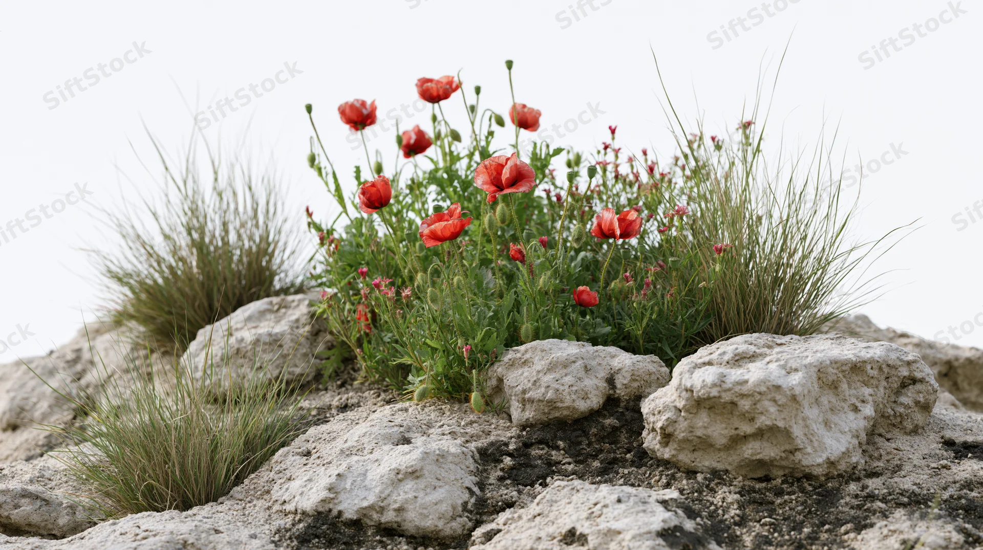 Red poppies and wild meadow flowers growing among rocks in a natural outdoor setting