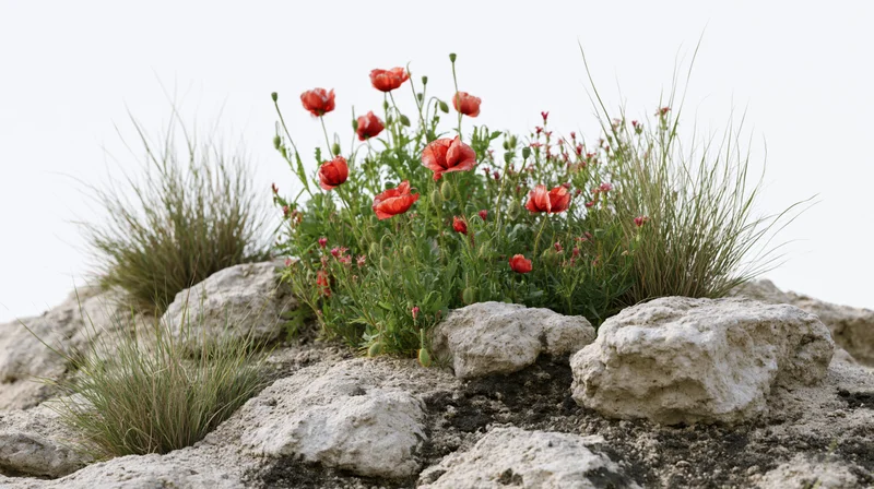 Red poppies and wild meadow flowers growing among rocks in a natural outdoor setting