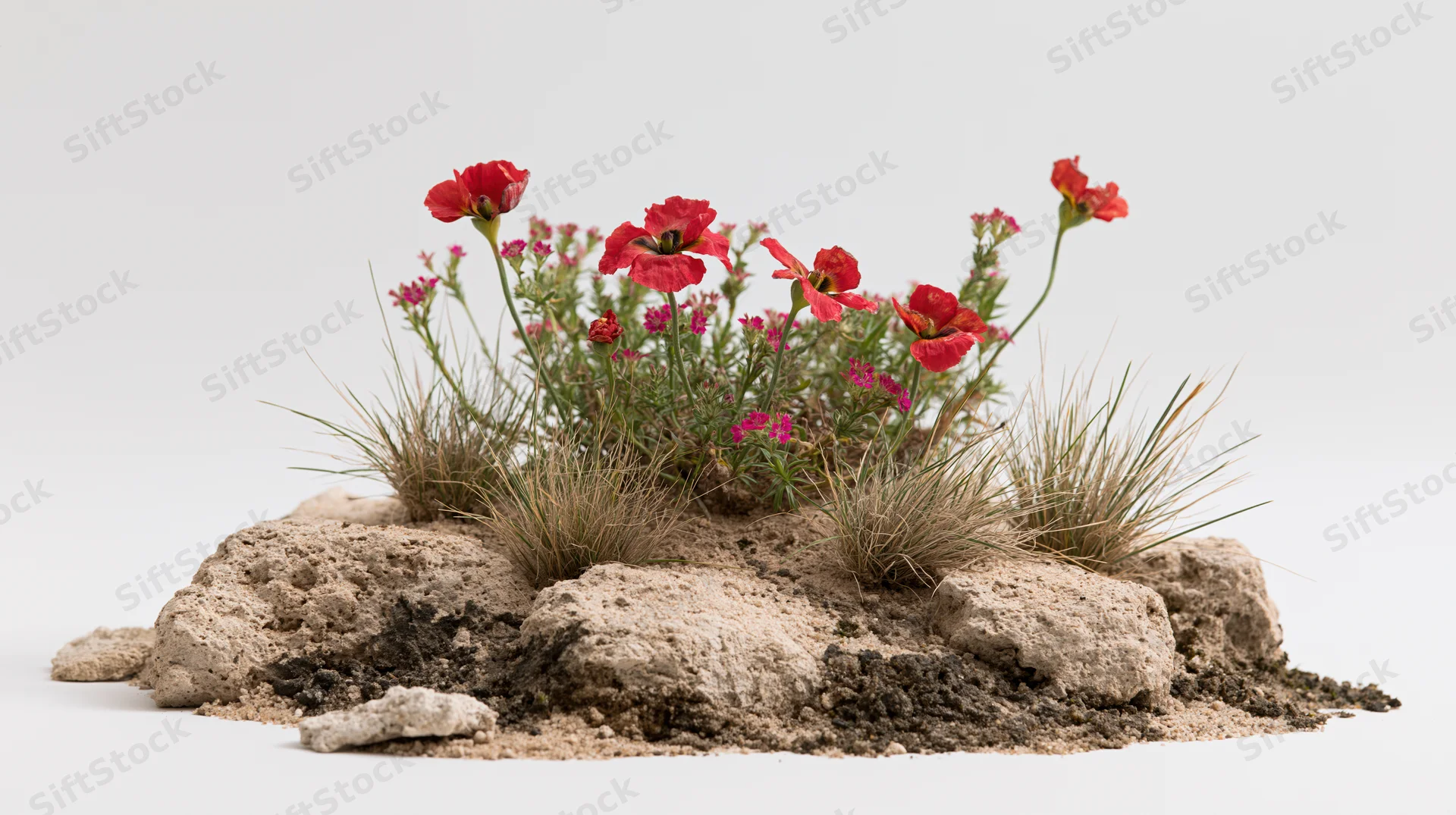 Small cluster of red poppies and wild meadow flowers growing from soil and rocks on white background