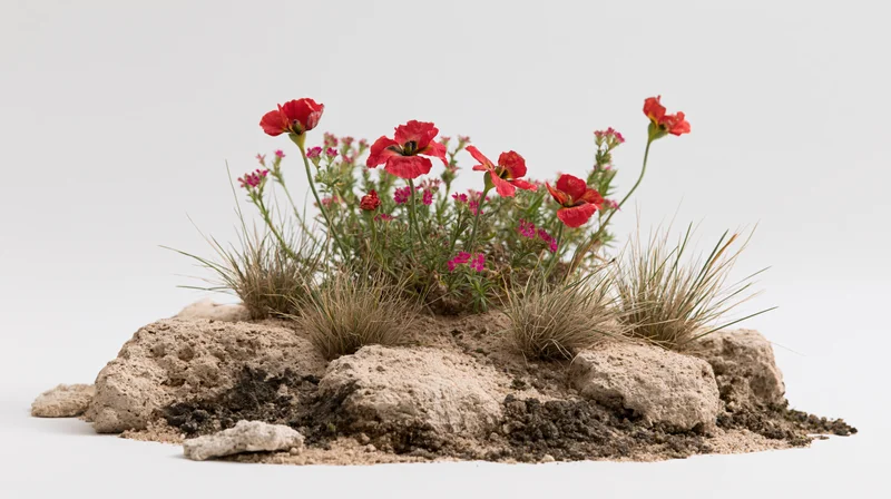 Small cluster of red poppies and wild meadow flowers growing from soil and rocks on white background