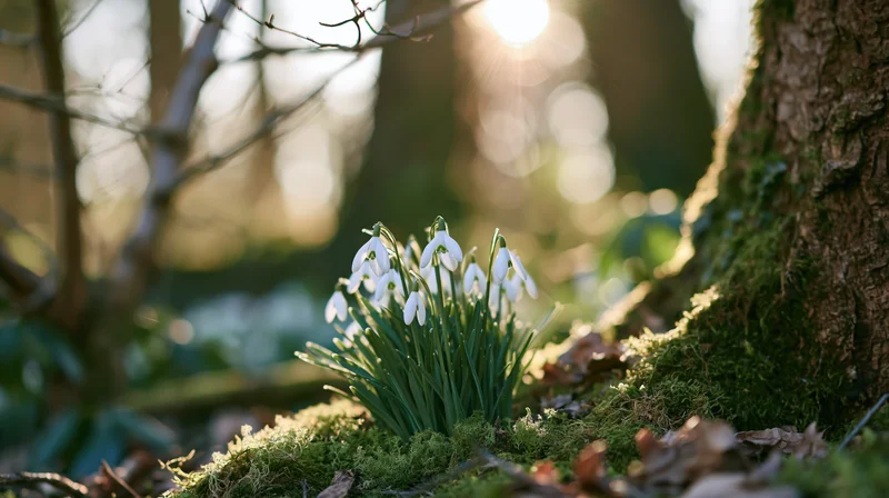 Snowdrop flowers blooming on mossy ground beside a tree trunk in a sunlit forest