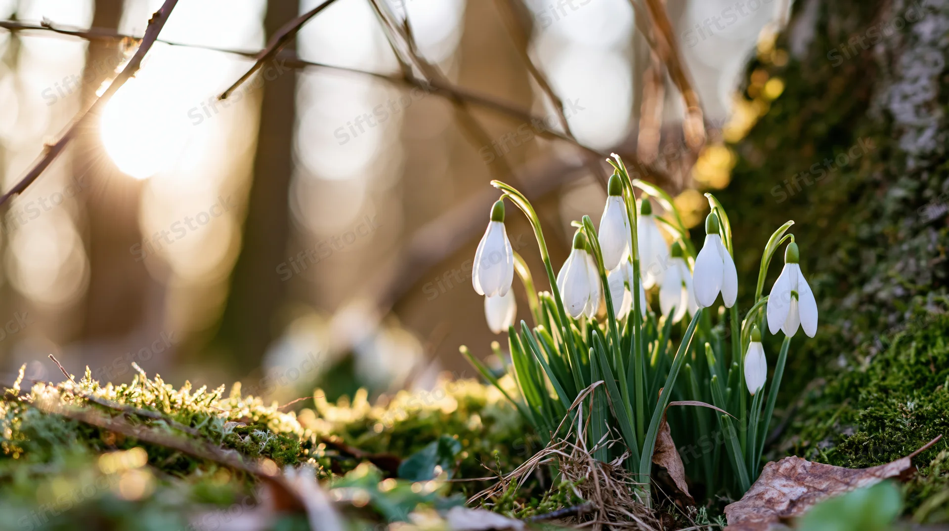 Snowdrop flowers blooming on mossy forest ground in spring sunlight