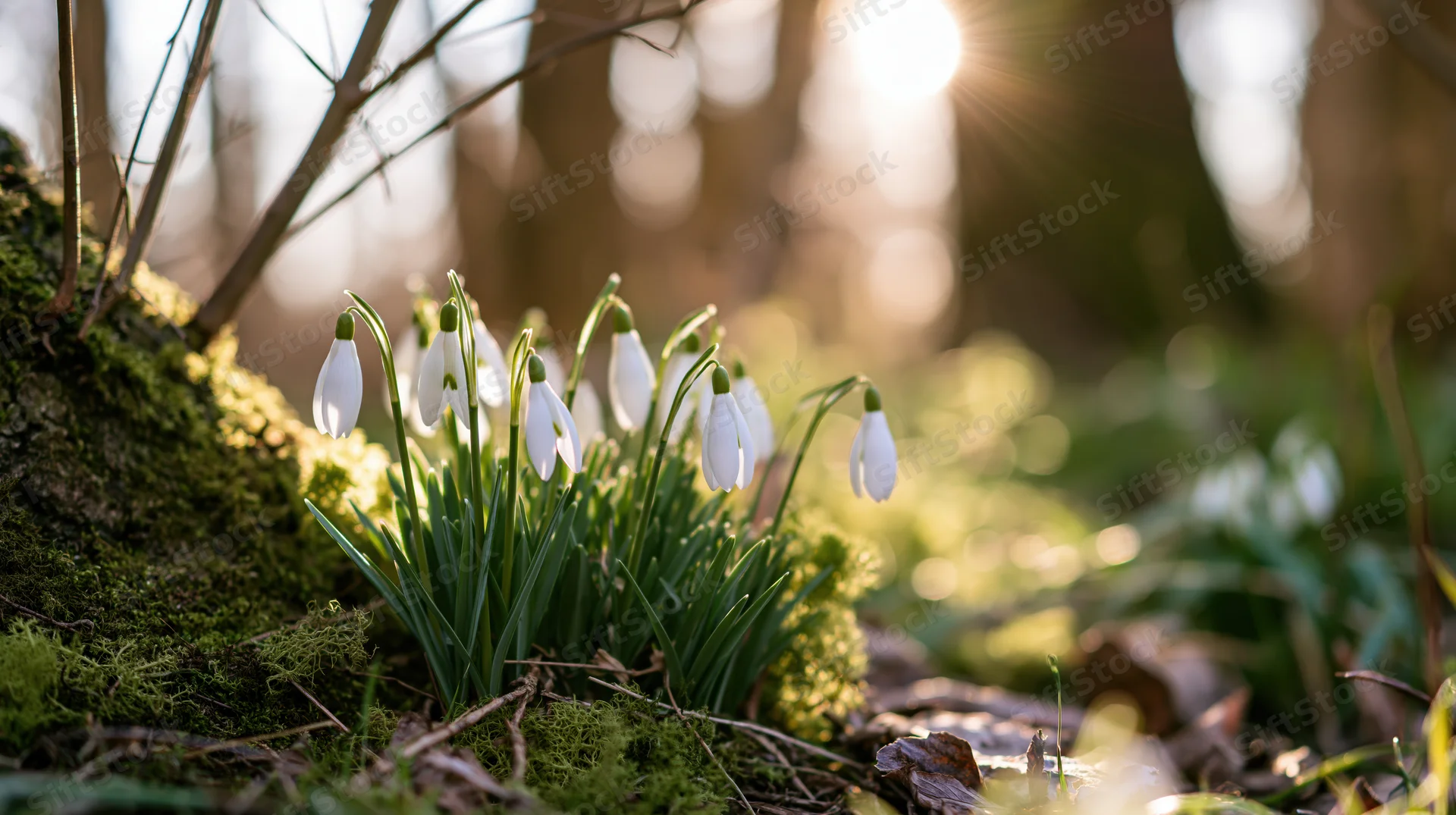 Snowdrop flowers blooming in mossy forest ground with sunlight filtering through trees