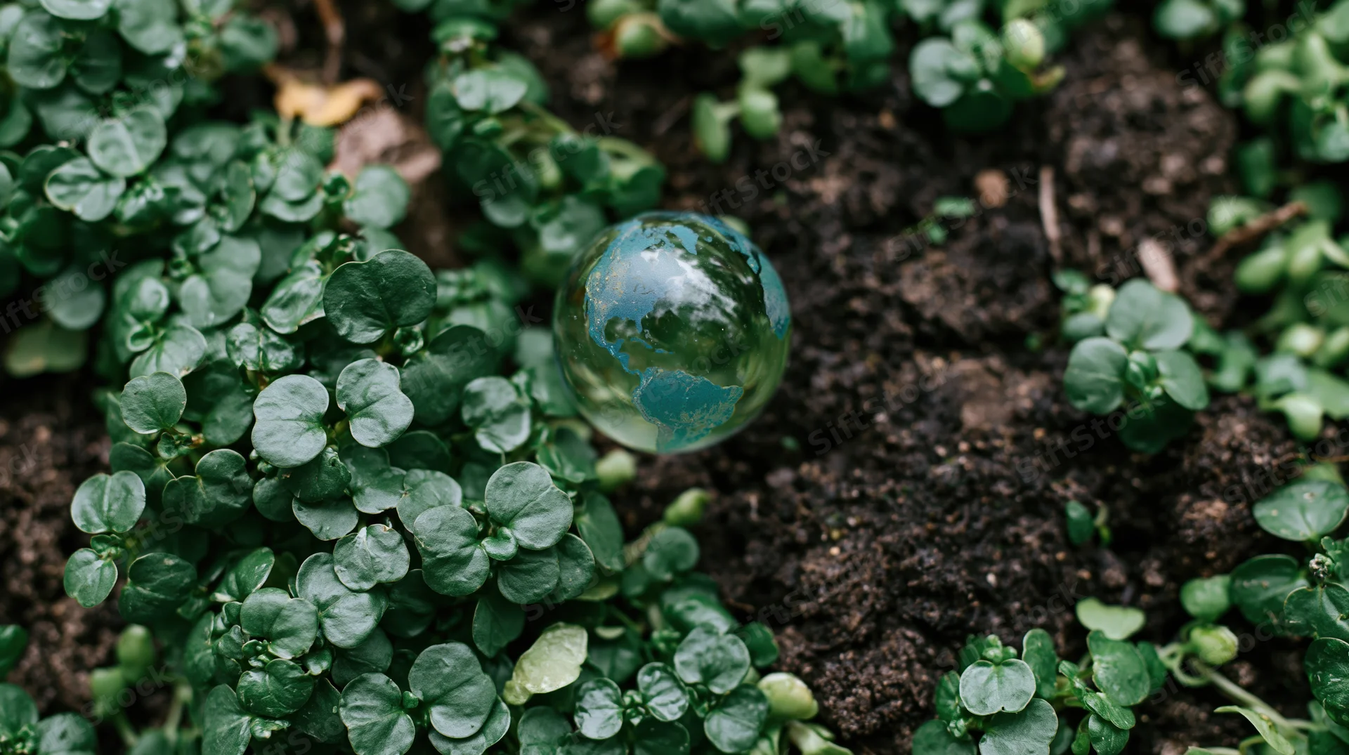 Glass globe showing earth continents resting in dark soil among green plants