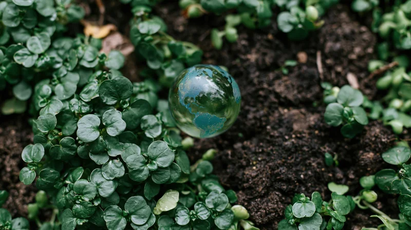 Glass globe showing earth continents resting in dark soil among green plants