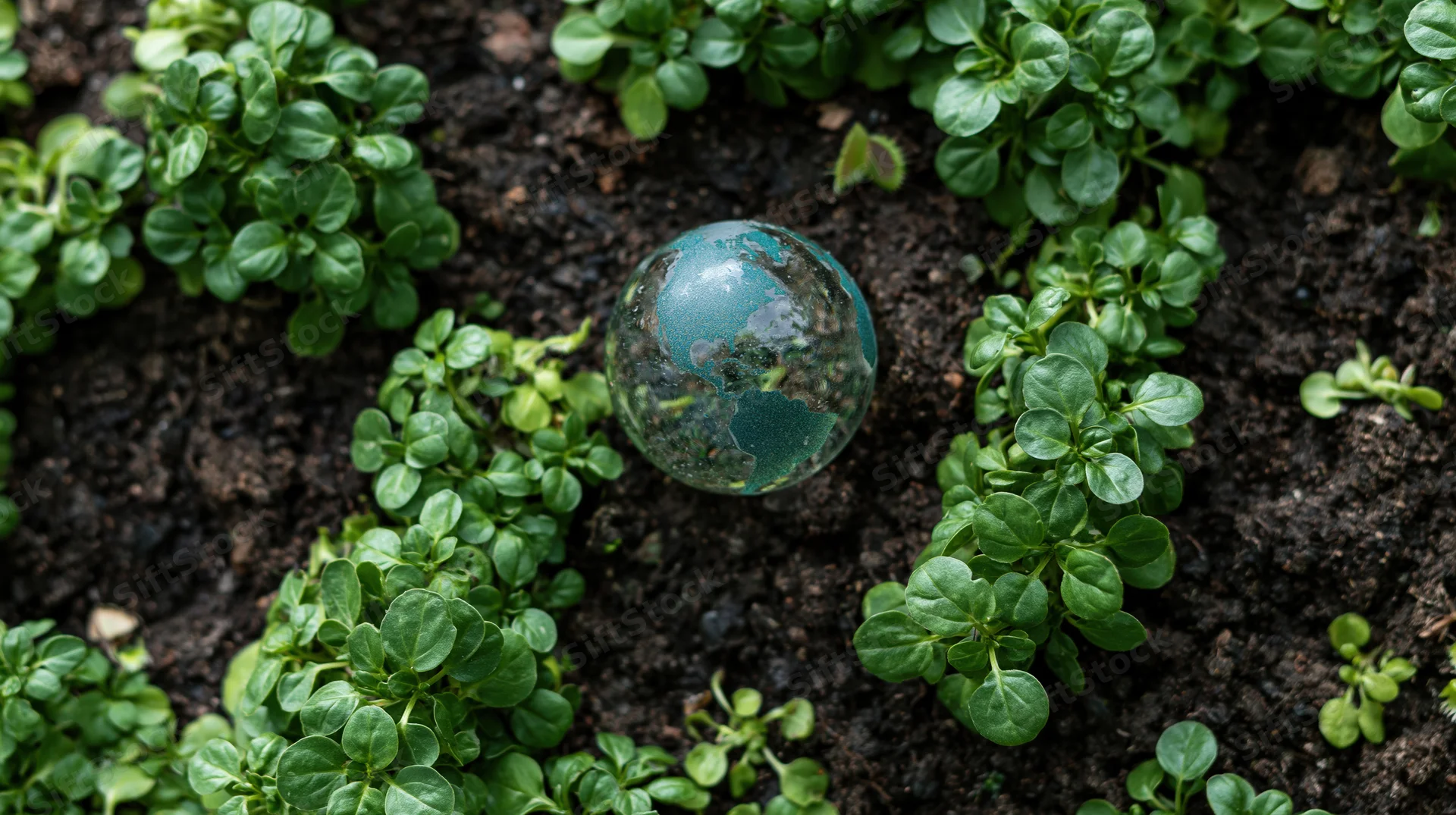 Glass globe representing earth resting in dark soil surrounded by green seedlings in a garden bed