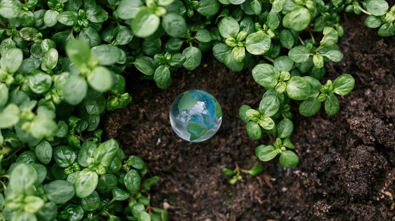 Small glass globe showing earth's continents resting in dark soil surrounded by green plants
