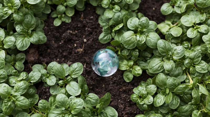 Glass globe showing earth resting in soil surrounded by green plants