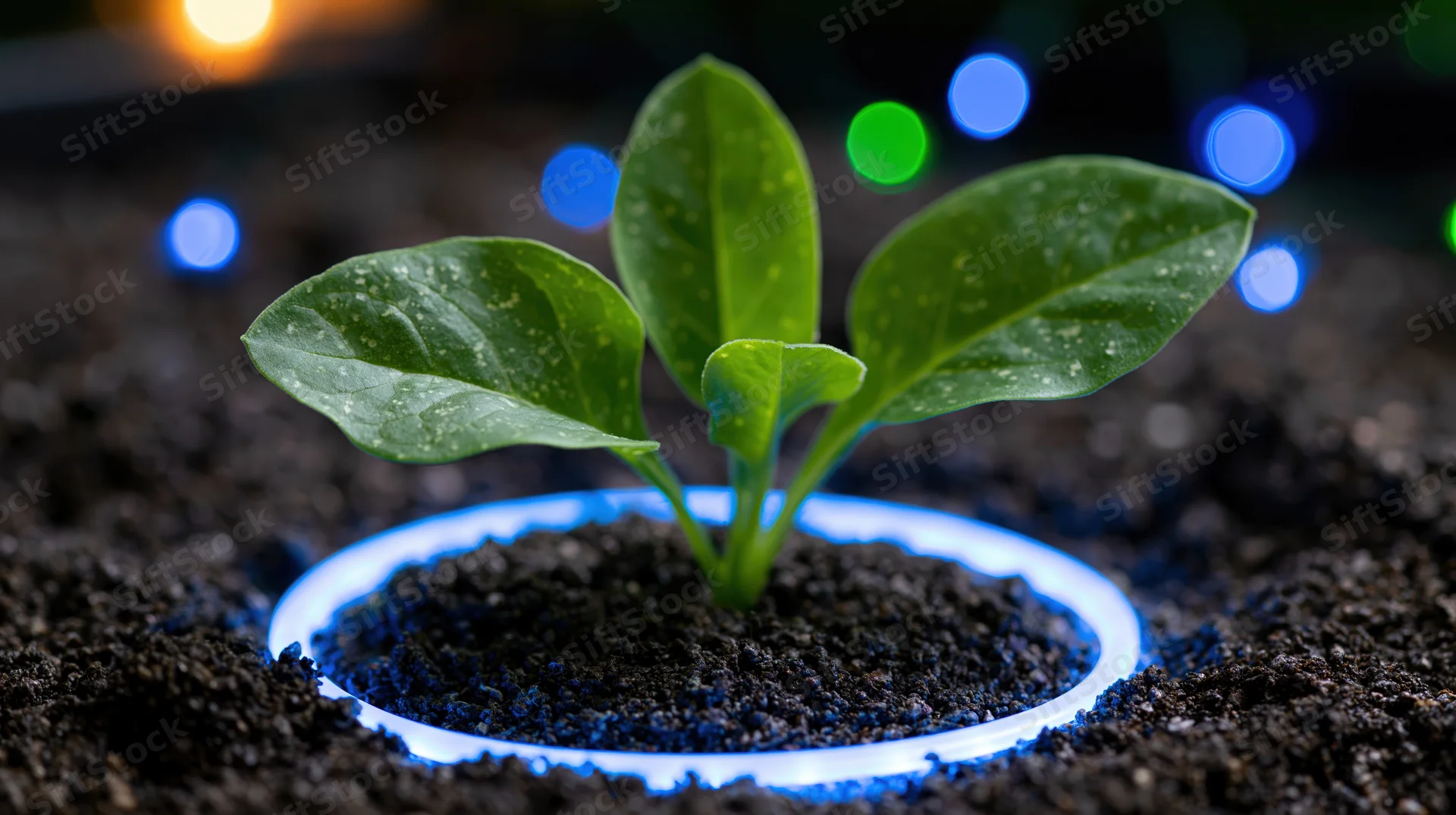 Small green seedling with broad leaves growing from dark granular soil, illuminated by a glowing blue ring, with blurred colored lights in the background