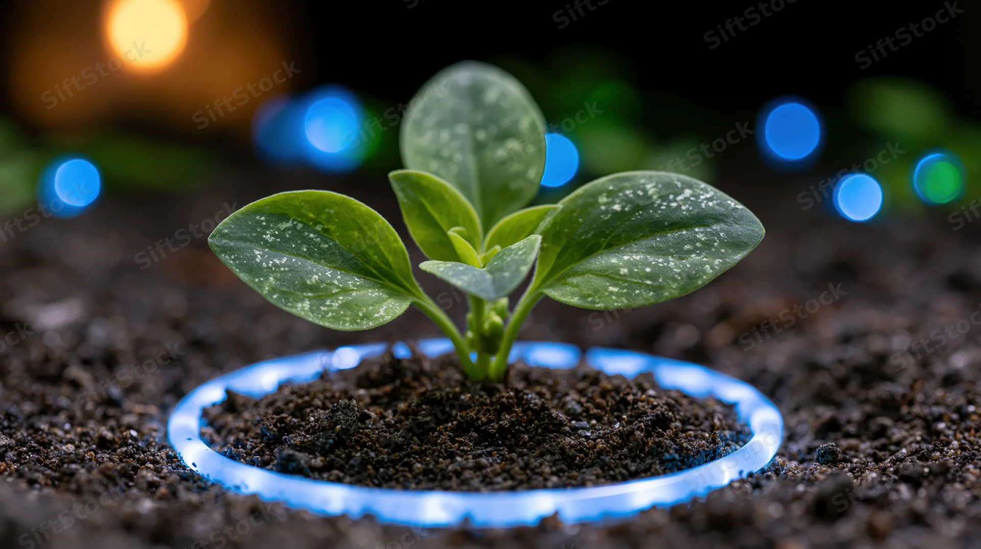 Small green seedling growing from dark soil with a glowing blue ring around its base at night
