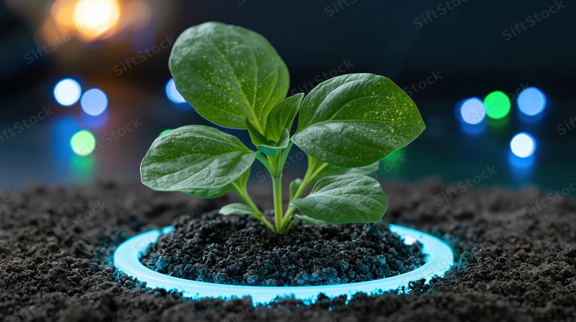 Small green seedling growing in dark soil with glowing blue ring around base