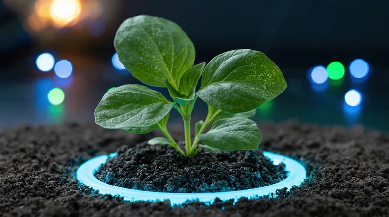Small green seedling growing in dark soil with glowing blue ring around base