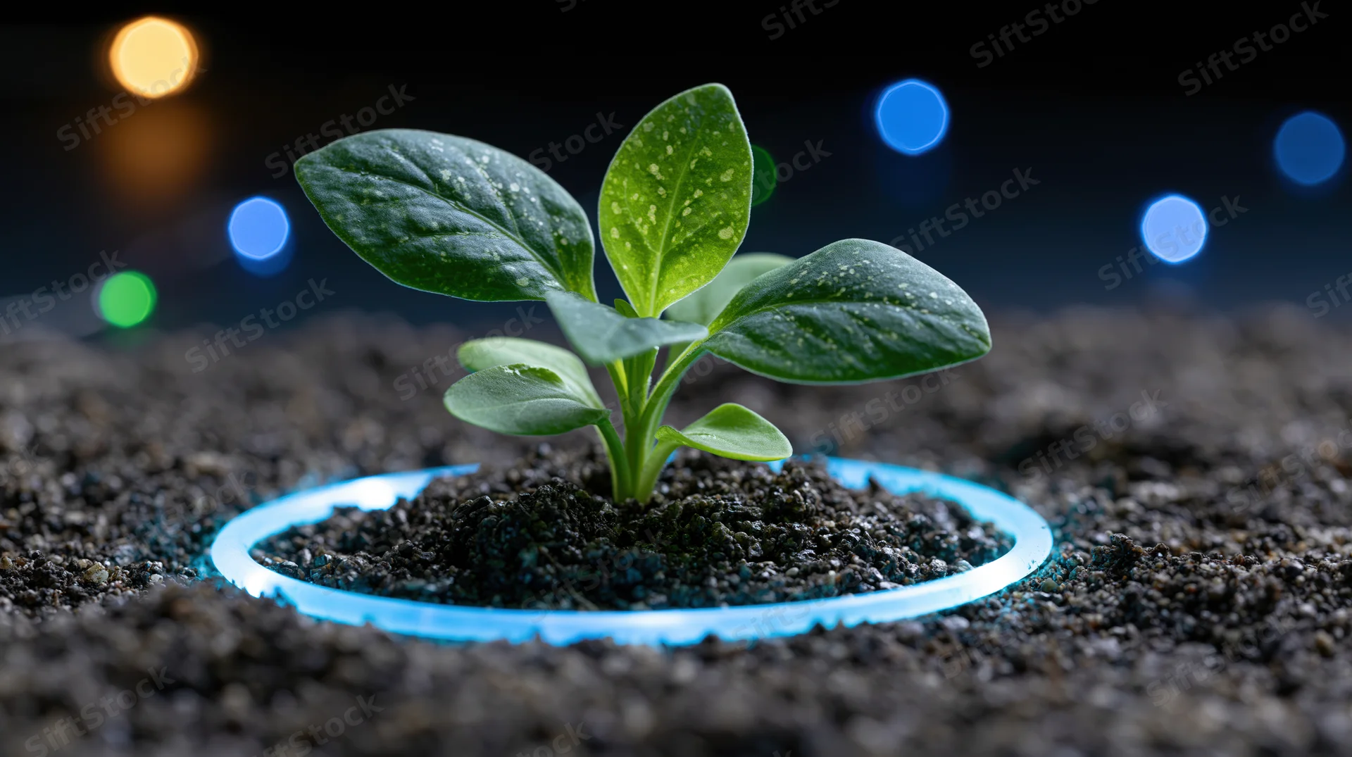 Small green seedling growing from dark soil with glowing blue ring around base at night