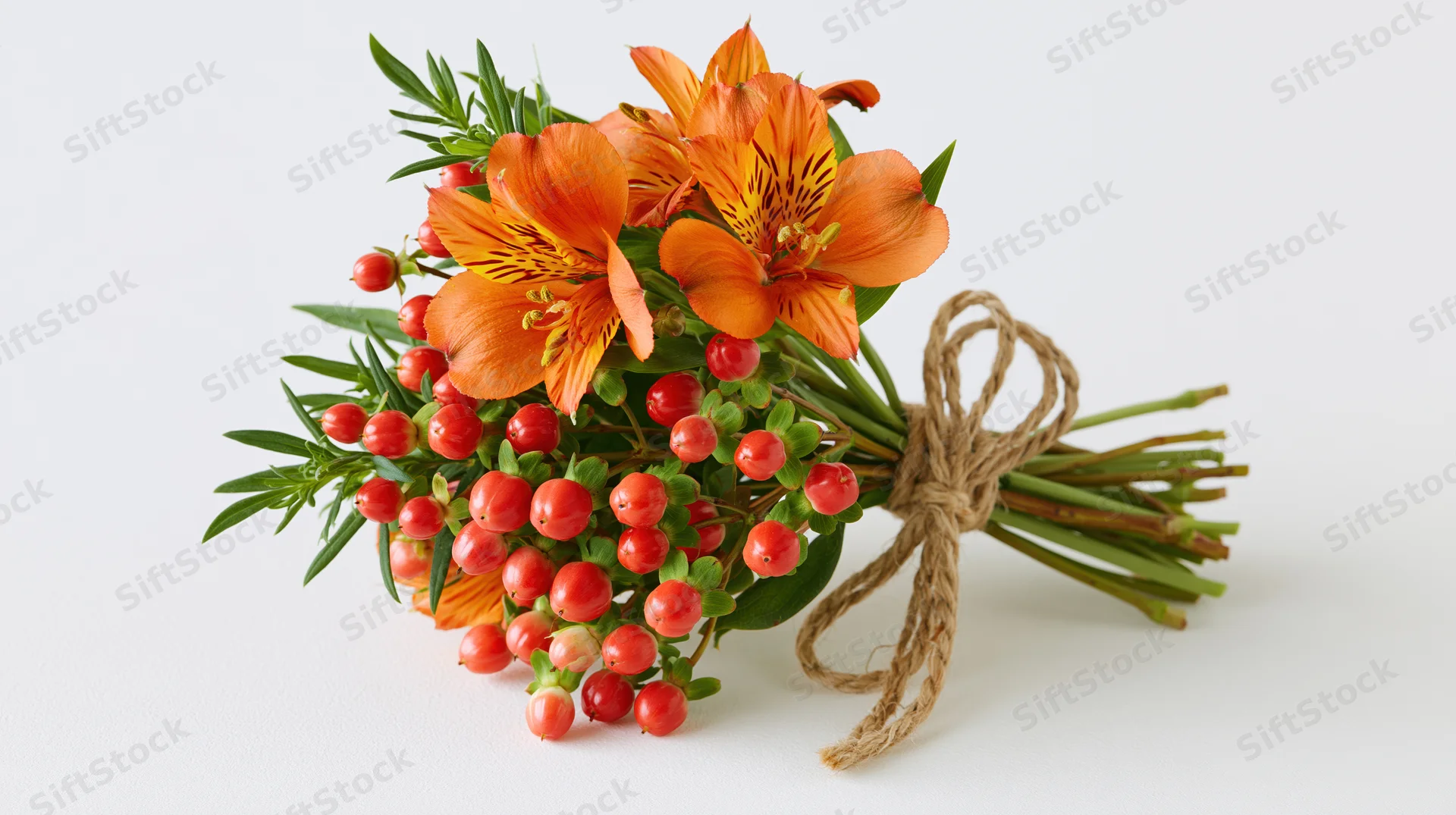 Hand-tied bouquet of orange alstroemeria flowers and red berries tied with twine on white background