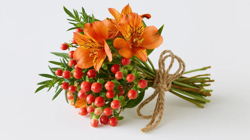 Hand-tied bouquet of orange alstroemeria flowers and red berries tied with twine on white background