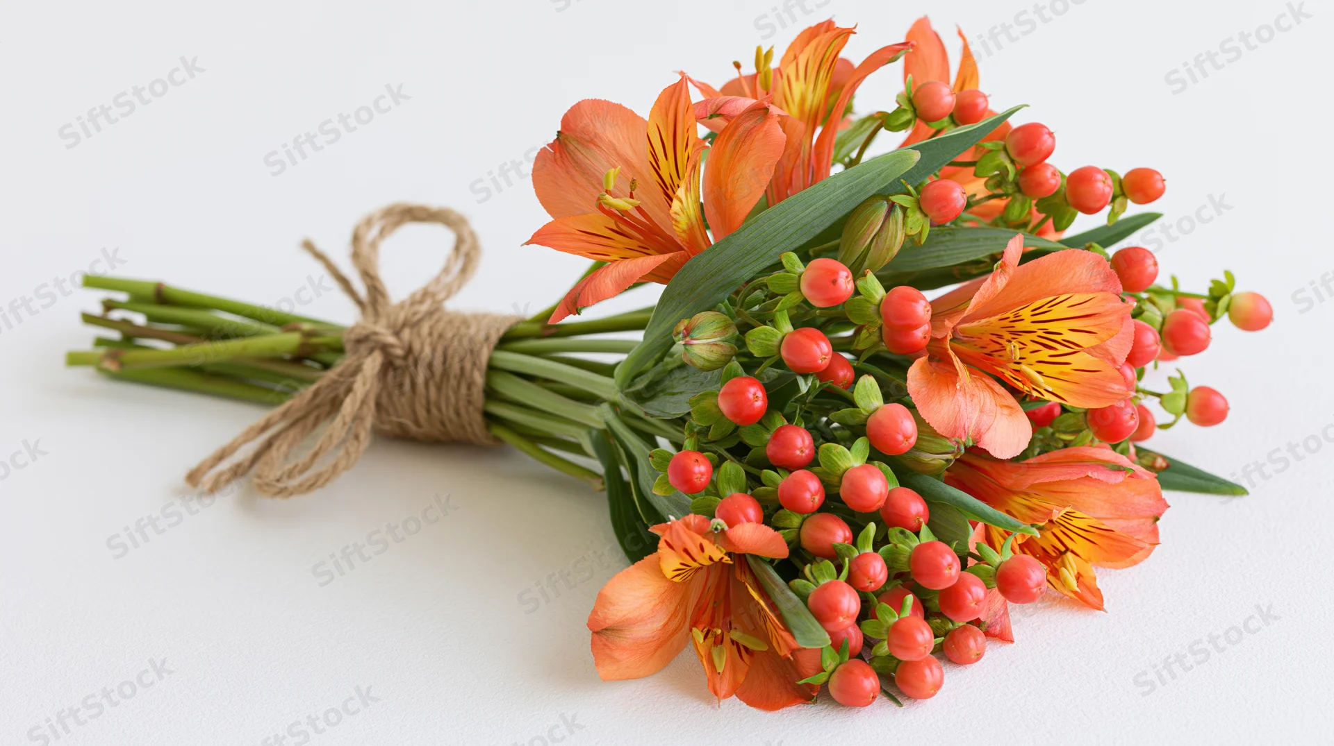 Hand-tied bouquet of orange alstroemeria flowers and red berries on white background
