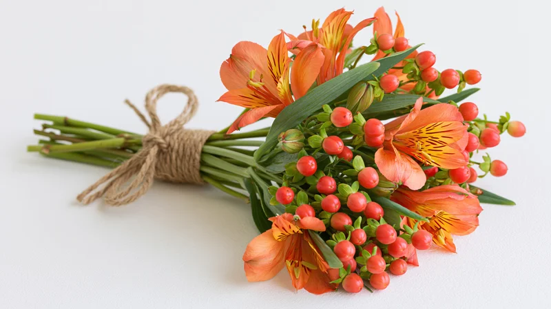 Hand-tied bouquet of orange alstroemeria flowers and red berries on white background