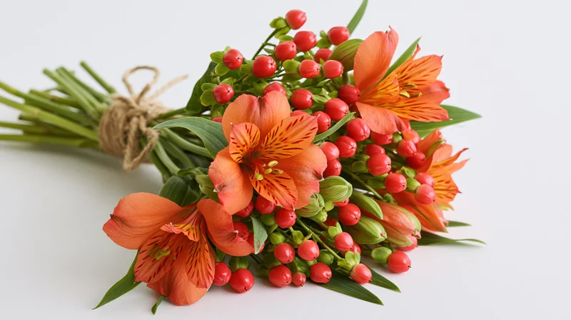 Hand-tied bouquet of orange alstroemeria flowers and red berries on white background