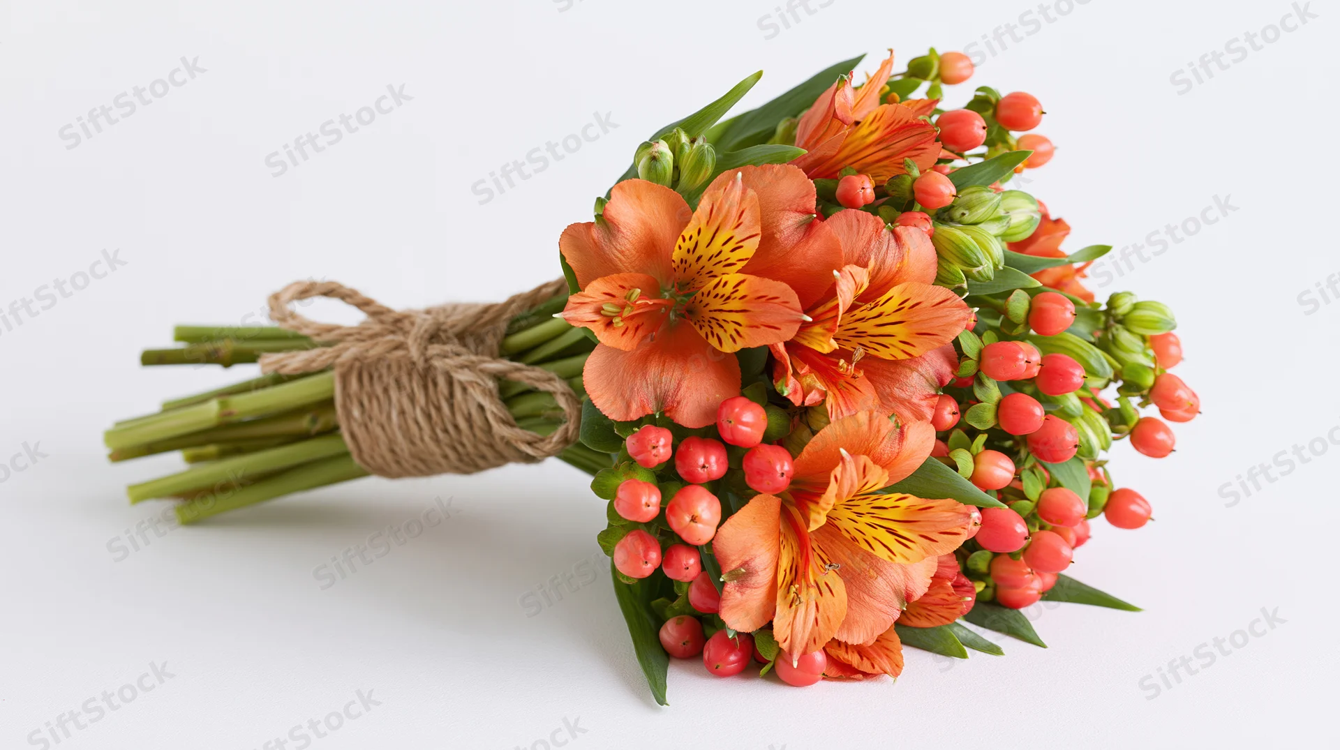 Hand-tied bouquet of orange alstroemeria flowers and green stems bound with twine on white background