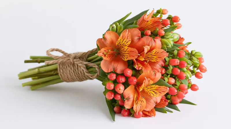Hand-tied bouquet of orange alstroemeria flowers and green stems bound with twine on white background