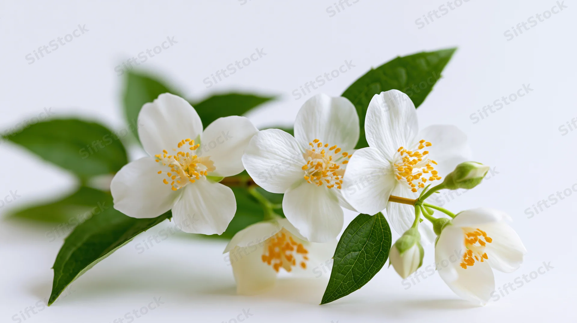 Jasmine branch with white blossoms and green leaves on white background