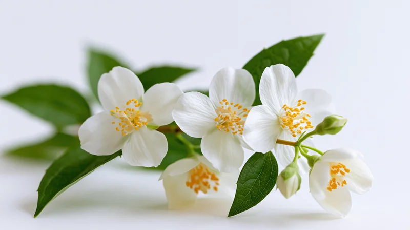 Jasmine branch with white blossoms and green leaves on white background