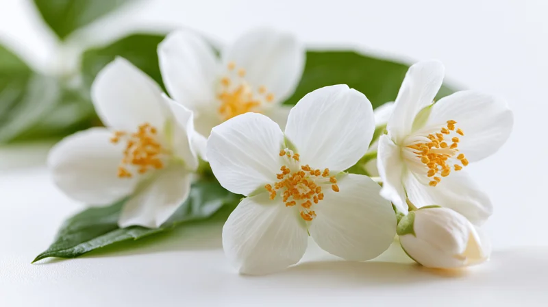 Jasmine blossoms with green leaves arranged on a white surface