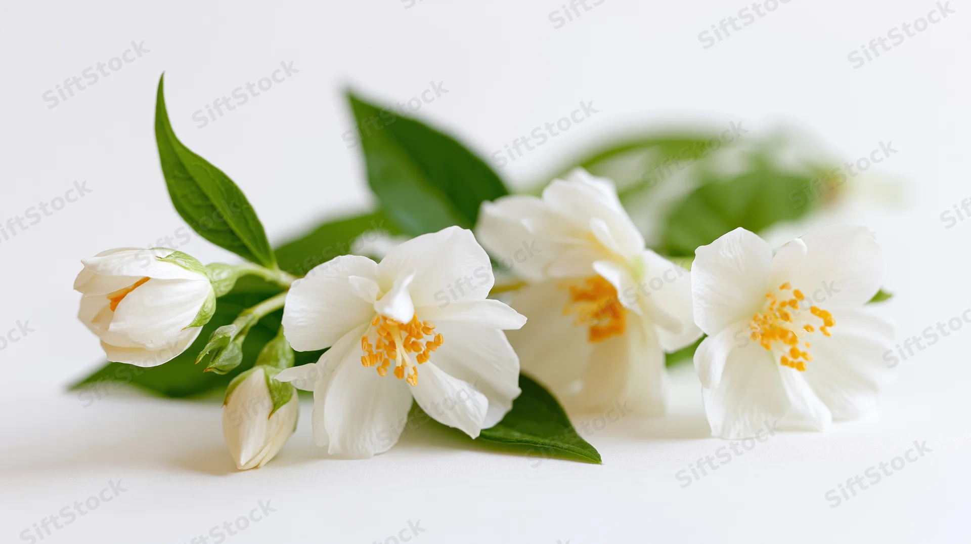 Jasmine branch with white blossoms and green leaves on white surface