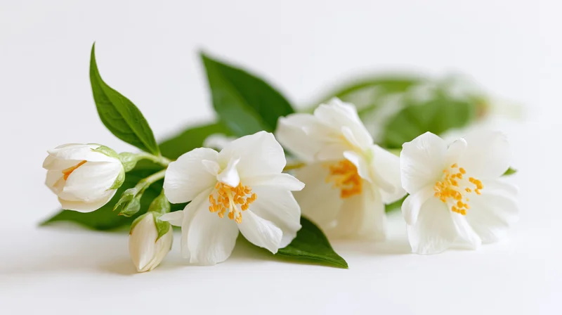 Jasmine branch with white blossoms and green leaves on white surface