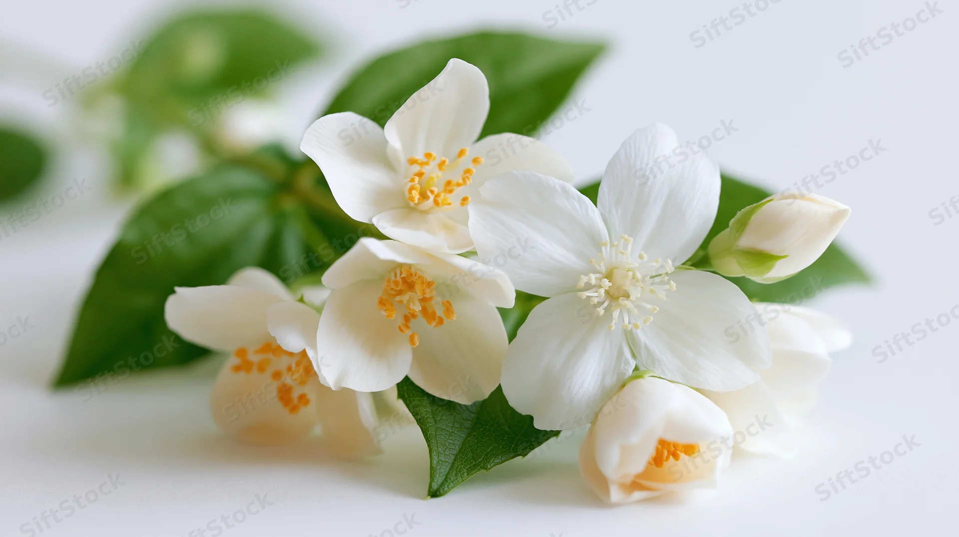 Jasmine blossoms with green leaves arranged on a white surface
