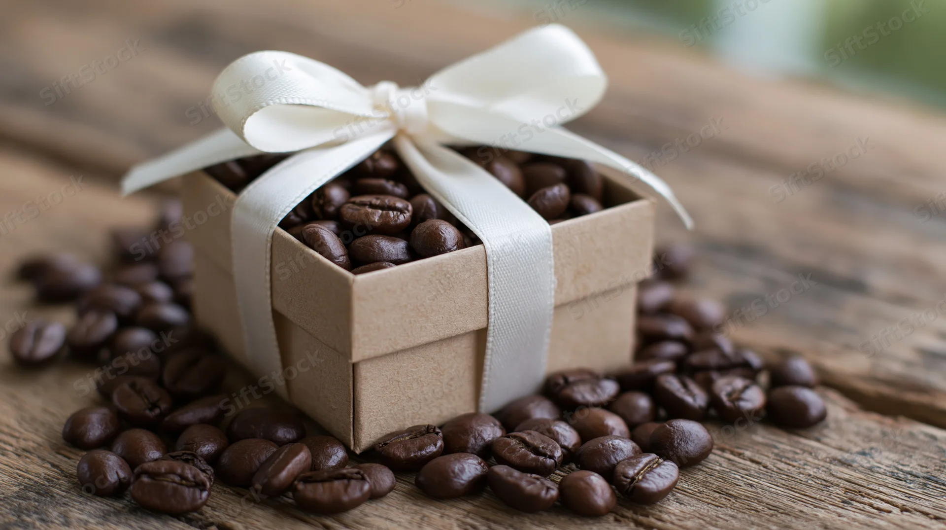 Kraft paper gift box filled with dark roasted coffee beans on wooden surface, tied with white ribbon, surrounded by scattered beans