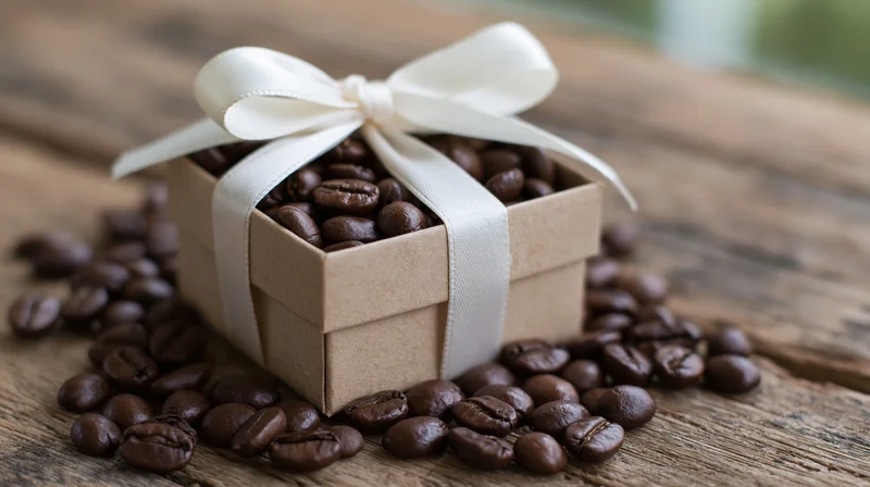 Kraft paper gift box filled with dark roasted coffee beans on wooden surface, tied with white ribbon, surrounded by scattered beans