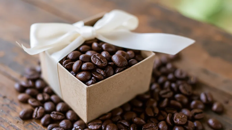 Dark roasted coffee beans in a kraft paper gift box with white ribbon on wooden table