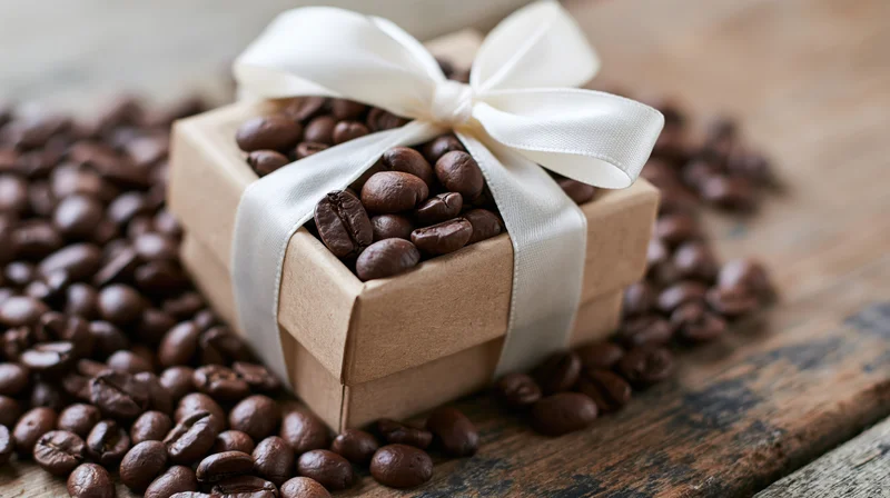 Kraft paper gift box filled with dark roasted coffee beans tied with white ribbon on wooden surface surrounded by scattered beans