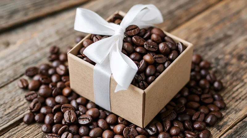 Dark roasted coffee beans in a kraft paper gift box tied with a white ribbon on a rustic wooden surface