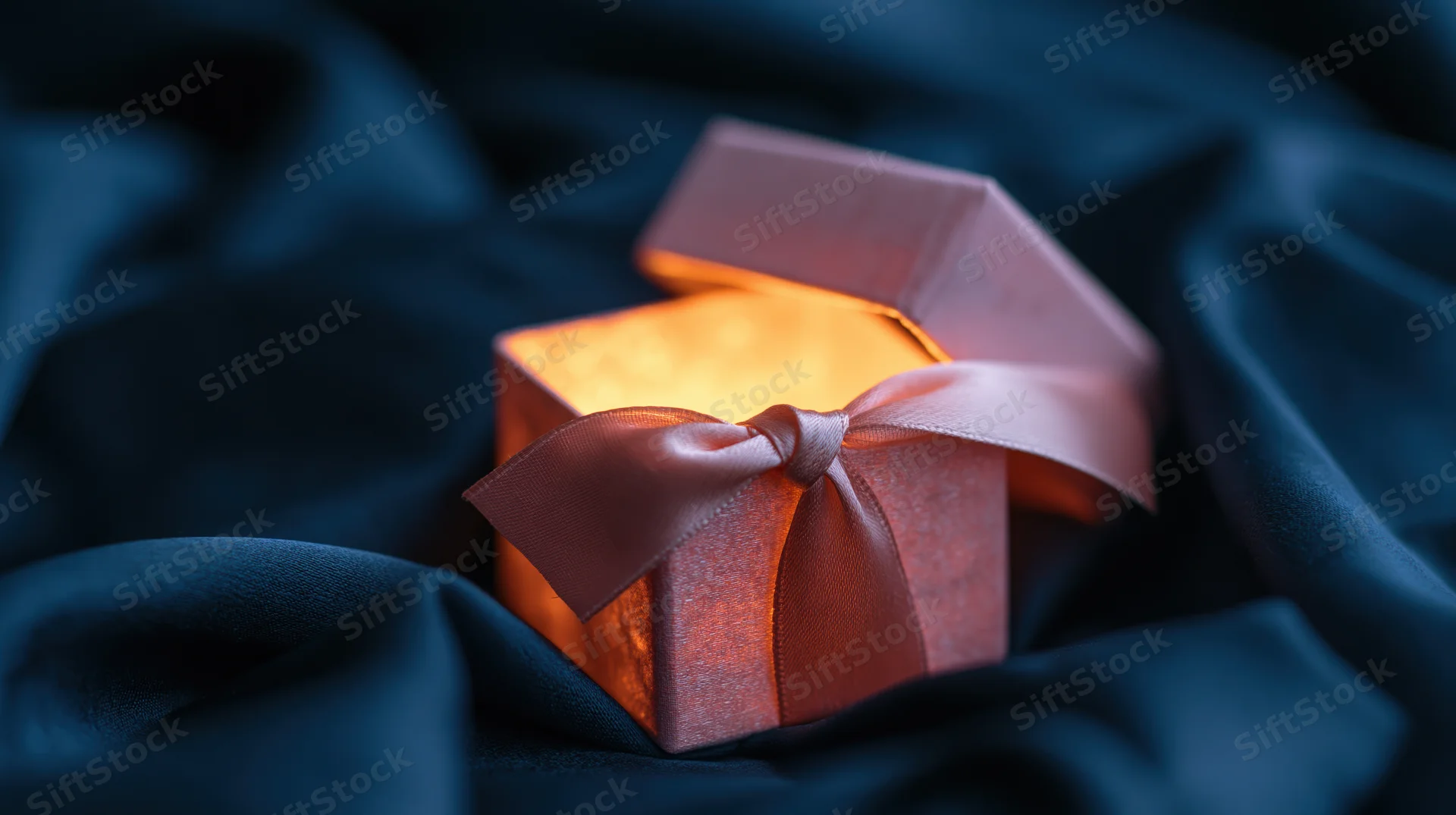 Open pink gift box with satin bow glowing warmly on dark blue fabric