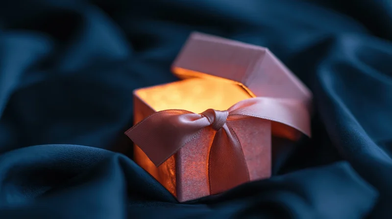 Open pink gift box with satin bow glowing warmly on dark blue fabric