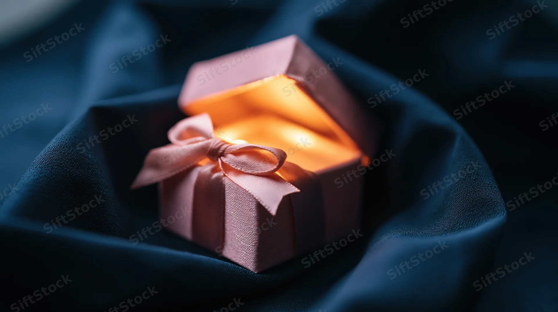 Small open pink gift box with satin bow glowing warmly on dark blue fabric