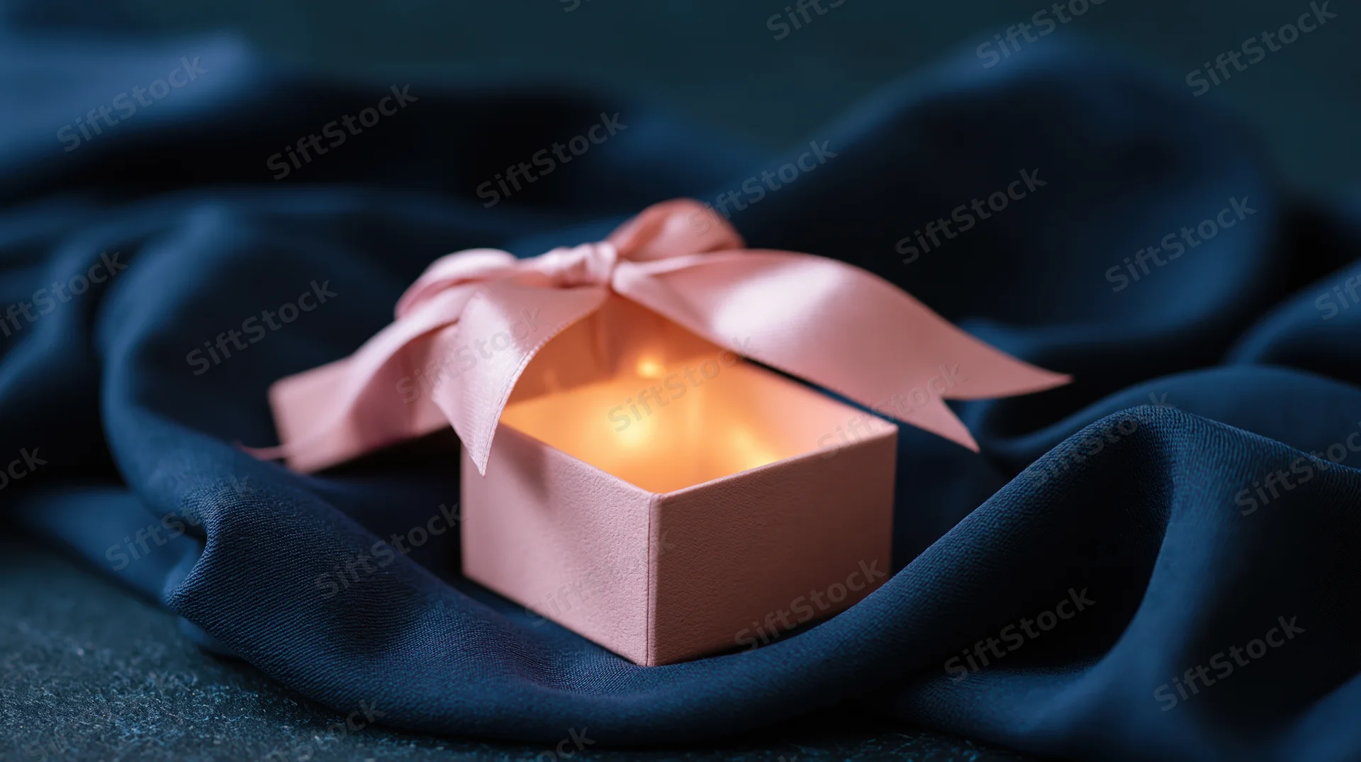 Open pink gift box with satin bow and glowing candle on dark blue fabric