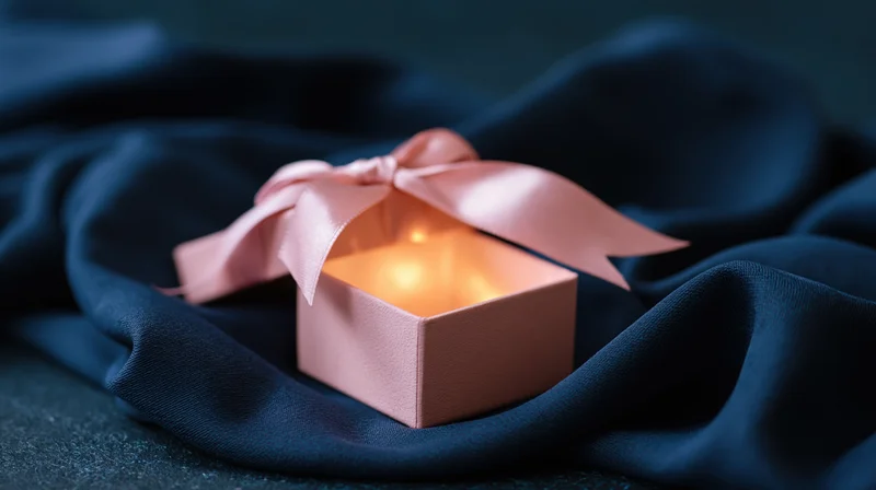 Open pink gift box with satin bow and glowing candle on dark blue fabric