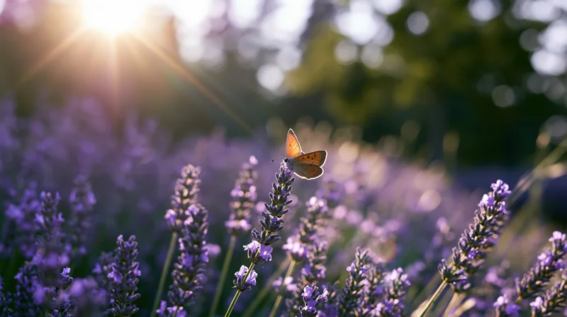 Orange butterfly perched on blooming lavender stalks in a sunlit field