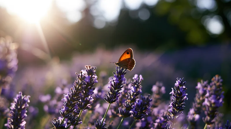 Orange butterfly perched on blooming lavender stalks in a sunlit field